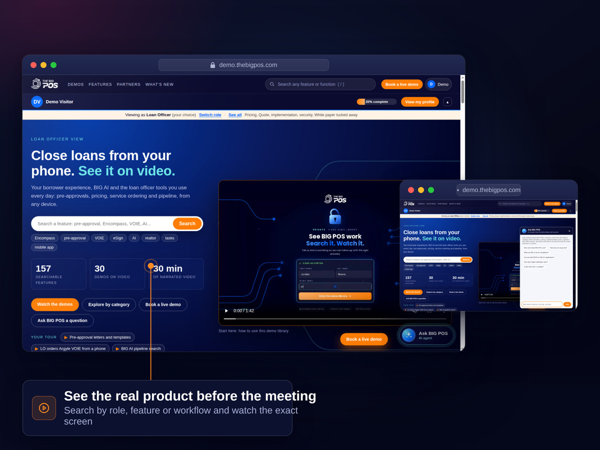 Inside the BIG POS demo library — role-based video directory with feature search and tour