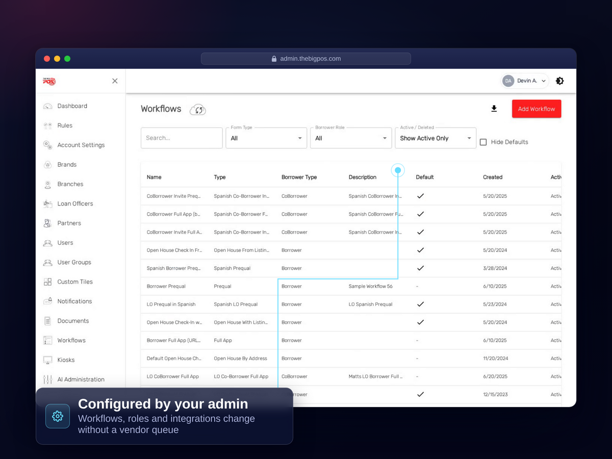 An admin configuring integrations in the BIG POS console