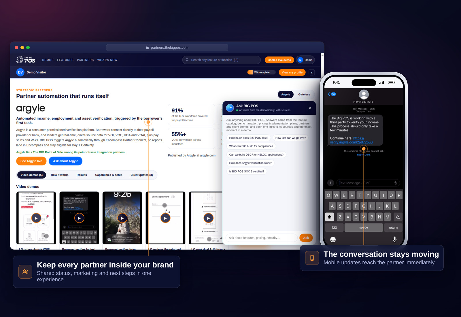 The BIG Agent partner workspace on desktop with a mobile partner conversation